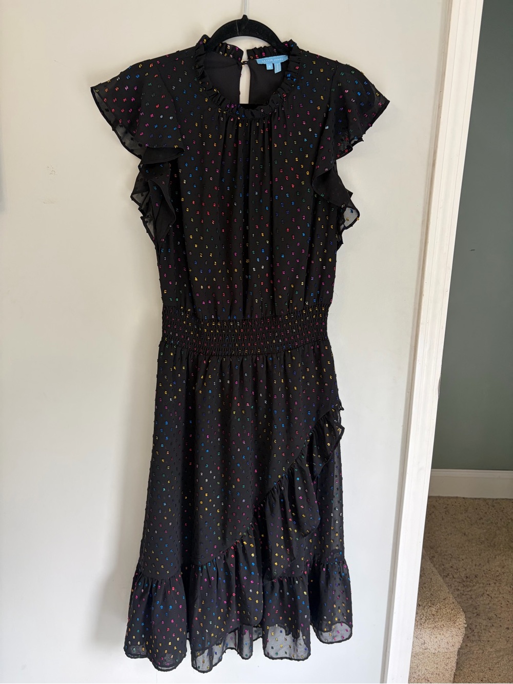 Draper James Black Midi Dress with Rainbow Dot Print and Ruffles Whimsigoth